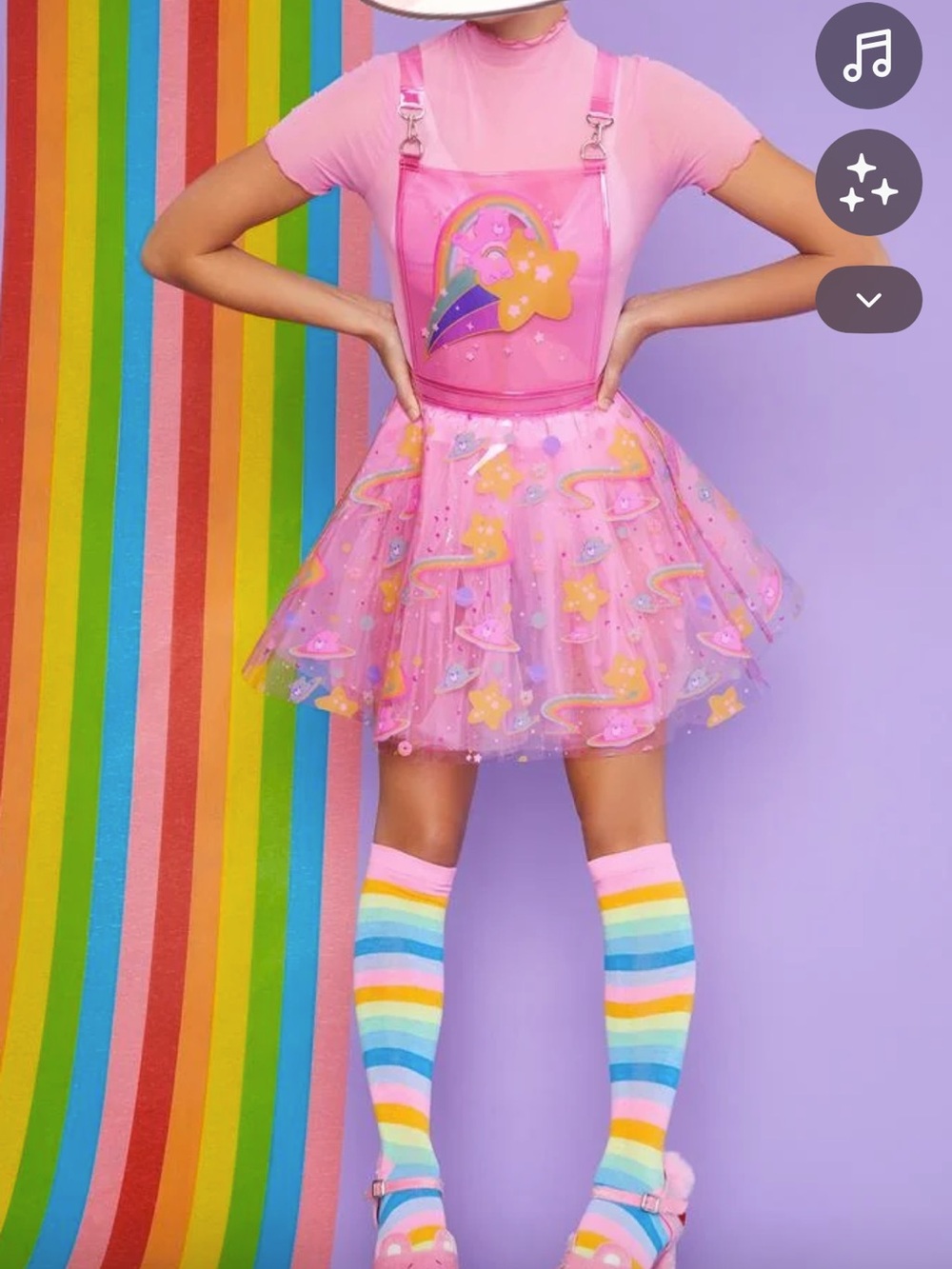 Dolls Kill Care Bears Pink Rainbow Star PVC Pinafore Dress